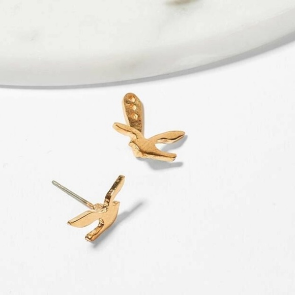 GOLD DOUBLE SPARROW BIRD JACKET STUD EARRINGS - Picture 4 of 6